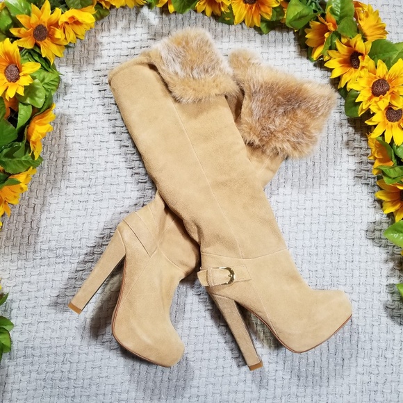 Colin Stuart Shoes - Colin Stuart tan suede high heel knee boots